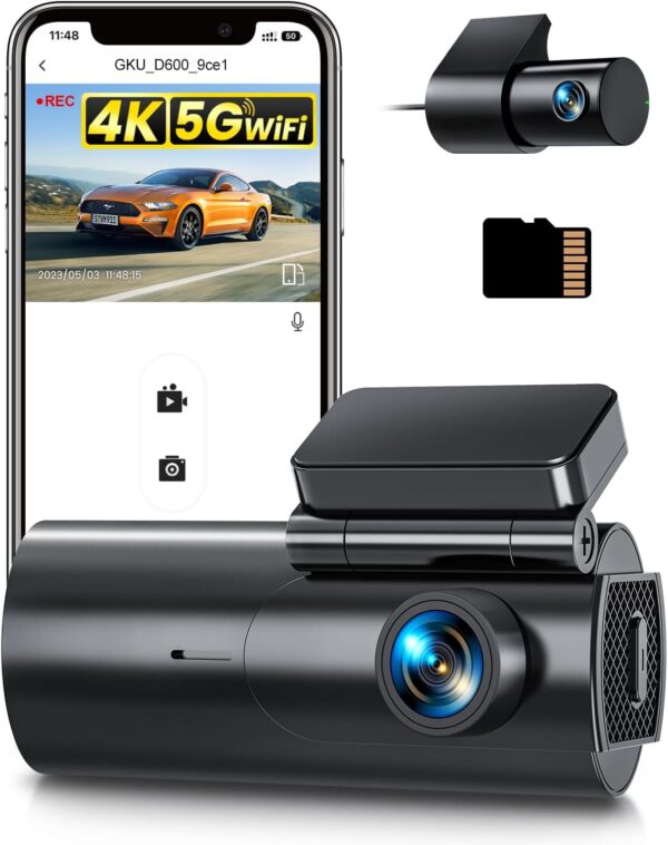 GKU Dashcam Auto Vorne Hinten 4K+1080P, 5GHz WiFi Dash Cam mit 64GB schwarz