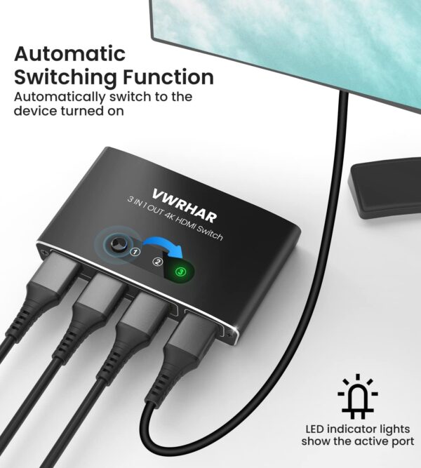 HDMI Switch Splitter, Automatisch 4K Aluminium 3 in Schwarz - Image 4
