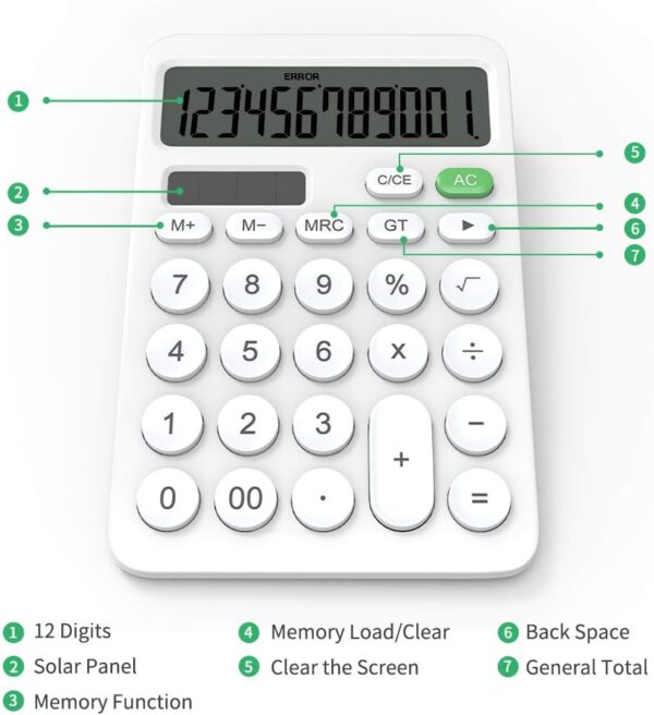 GUYUCOM Taschenrechner Groß Tasten, 12-Digit Klein Weiß - Image 3
