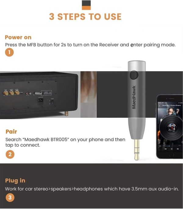 MaedHawk Aux Bluetooth Adapter Auto, BT5.0 Audio Empfänger/Receiver, Silber - Image 7
