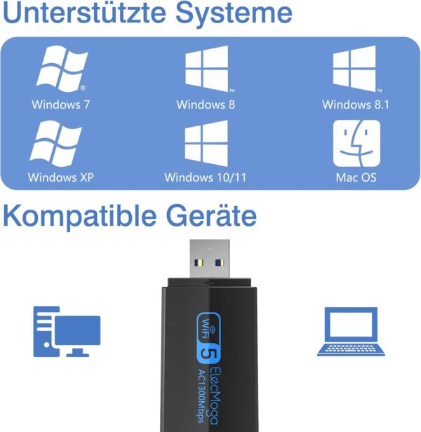 USB WLAN Stick, ElecMoga 1300Mbps 3.0 Adapter 2.4GHz/5.8GHz LWIFI - Image 3