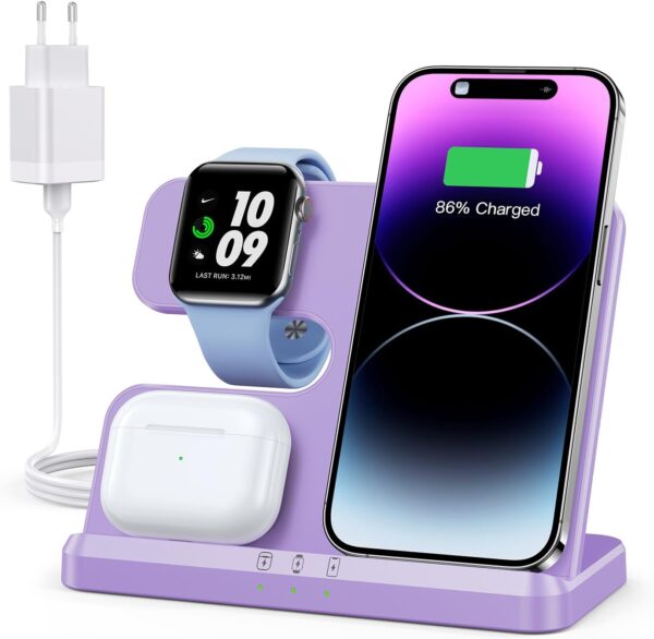 3 in 1 iPhone Ladestation Kabelloses Ladegerät für Apple, Wireless Lila