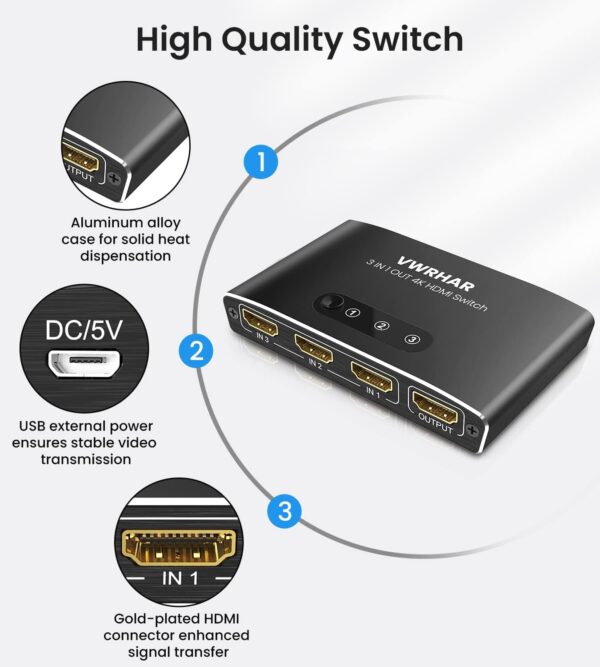HDMI Switch Splitter, Automatisch 4K Aluminium 3 in Schwarz - Image 7