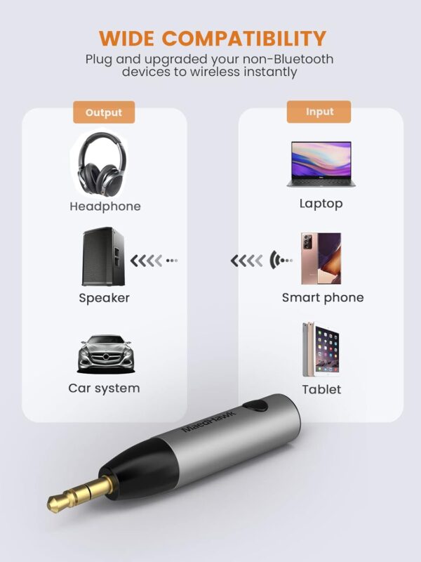 MaedHawk Aux Bluetooth Adapter Auto, BT5.0 Audio Empfänger/Receiver, Silber - Image 3