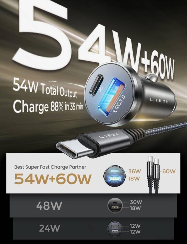 LISEN Zigarettenanzünder USB C Auto Ladegerät 48W PD&QC3.0 KFZ Schwarz - Image 2