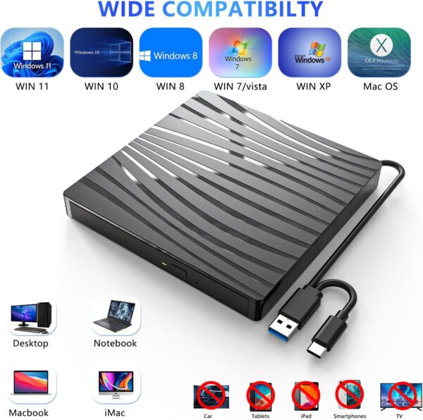 QDSYLQ Externes DVD Laufwerk, USB 3.0 & Type-C Tragbar CD +/-RW Black - Image 2