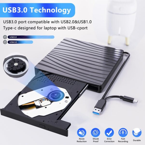 QDSYLQ Externes DVD Laufwerk, USB 3.0 & Type-C Tragbar CD +/-RW Black - Image 4