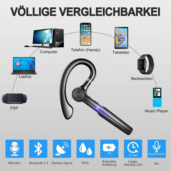 Bluetooth-Headset, 48-Stunden-Talk-Wireless-Headset mit Mikrofon, Schwarz - Image 5