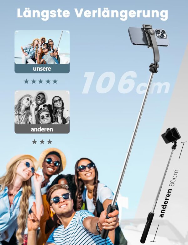 Selfie Stick mit Abnehmbarer Handyhalterung,106 cm Ausziehbares Handy Stativ... - Image 2