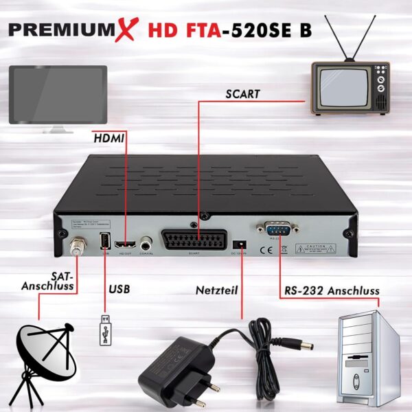 PremiumX Satelliten-Receiver HD 520SE-B FTA Digital SAT TV Receiver DVB-S2... - Image 6