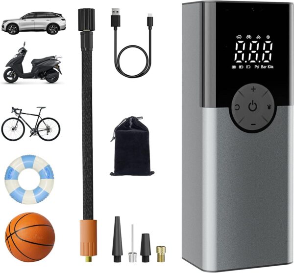 6000mAh Tragbare Elektronische Luftpumpe, 150PSI Fahrradpumpe Silbrig