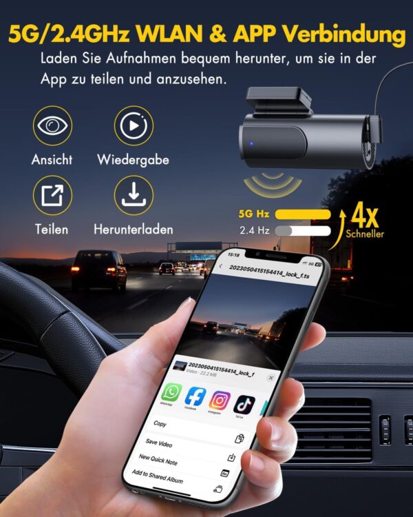 GKU Dashcam Auto Vorne Hinten 4K+1080P, 5GHz WiFi Dash Cam mit 64GB schwarz - Image 4