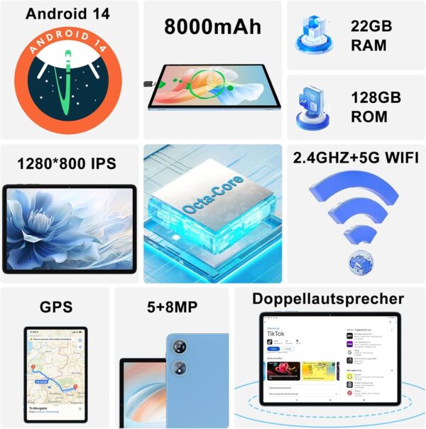 Tablet 10 Zoll Android 14 PC mit Octa-Core 2.0 GHz, 22GB RAM + 128GB ROM Blau - Image 2