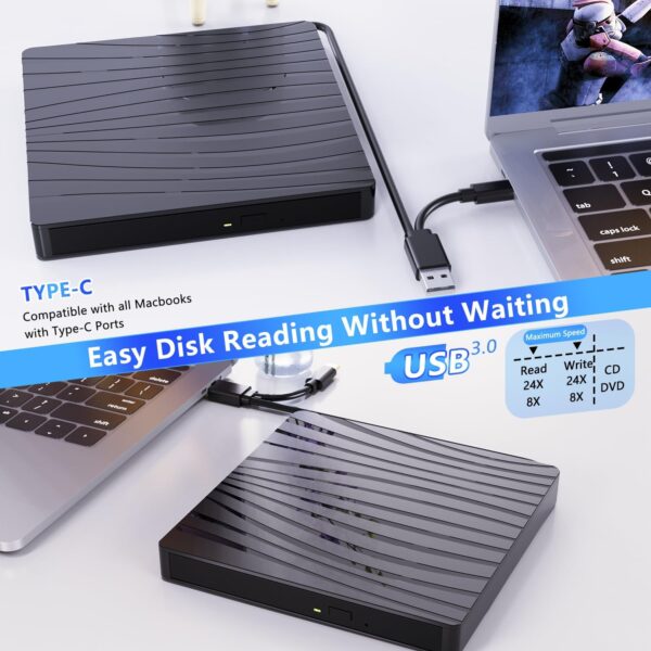 QDSYLQ Externes DVD Laufwerk, USB 3.0 & Type-C Tragbar CD +/-RW Black - Image 5