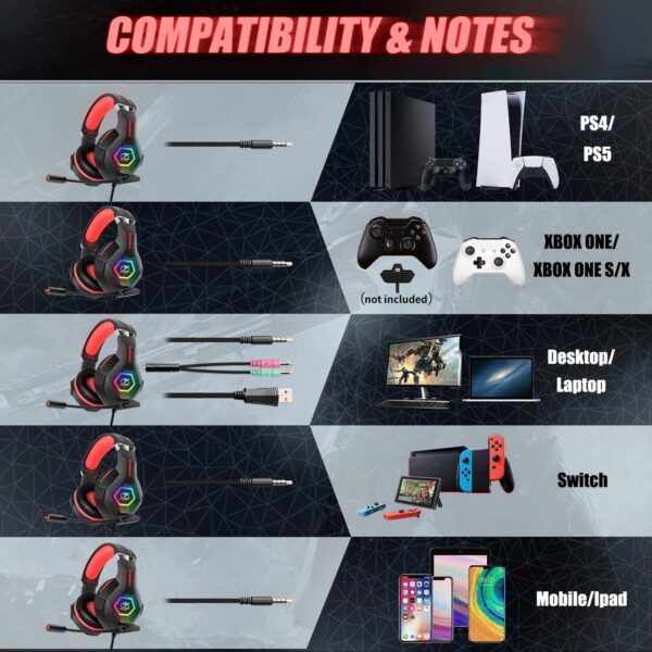 Ozeino Wired Gaming Headset für Ps4 Ps5 PC Kopfhörer mit RGB Schwarz und Rot - Image 6