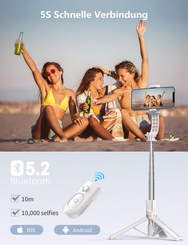 Selfie Stick mit Bluetooth Fernbedienung, Erweiterbarer Extra Lang Weiß - Image 4