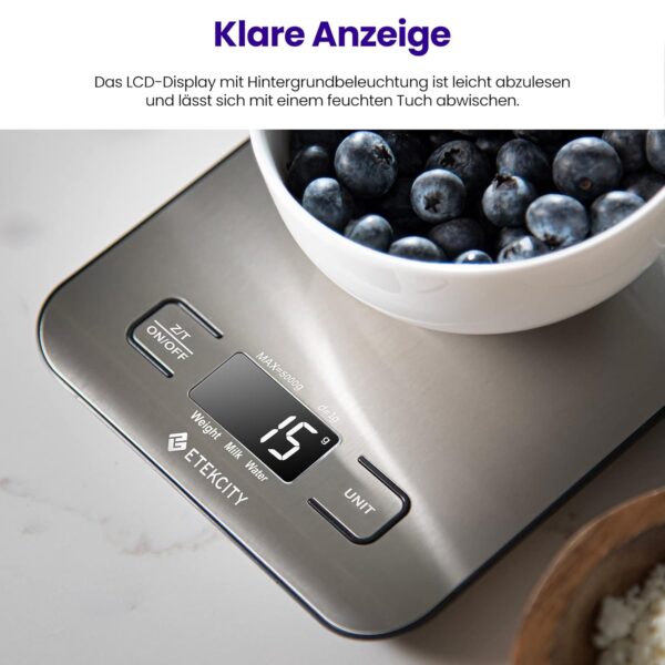 ETEKCITY Küchenwaage, digital 5KG mit großem LCD-Display,Digitalwaage,... - Image 3