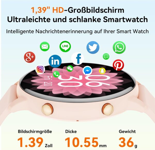 Hwagol Smartwatch Damen Herren, 1.39" Zoll Touchscreen Smart Watch mit Rosa - Image 2