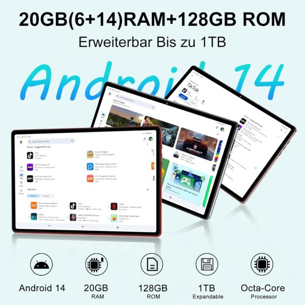 Android 14 Tablet 10 Zoll Ultraschnelles PC | 20GB RAM+128GB ROM (1TB Silber - Image 3