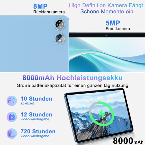 Tablet 10 Zoll Android 14 PC mit Octa-Core 2.0 GHz, 22GB RAM + 128GB ROM Blau - Image 4