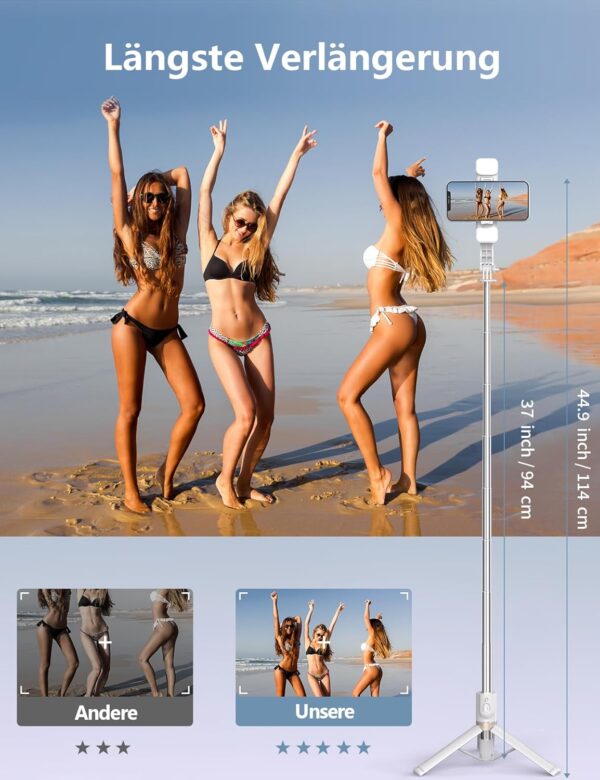 Selfie Stick mit Bluetooth Fernbedienung, Erweiterbarer Extra Lang Weiß - Image 3