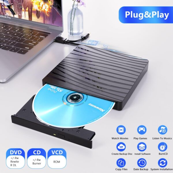 QDSYLQ Externes DVD Laufwerk, USB 3.0 & Type-C Tragbar CD +/-RW Black - Image 3