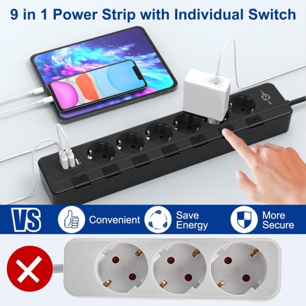 Steckdosenleiste mit USB überspannungsschutz(4000W 16A),KEPLUG 6AC Schwarz - Image 5