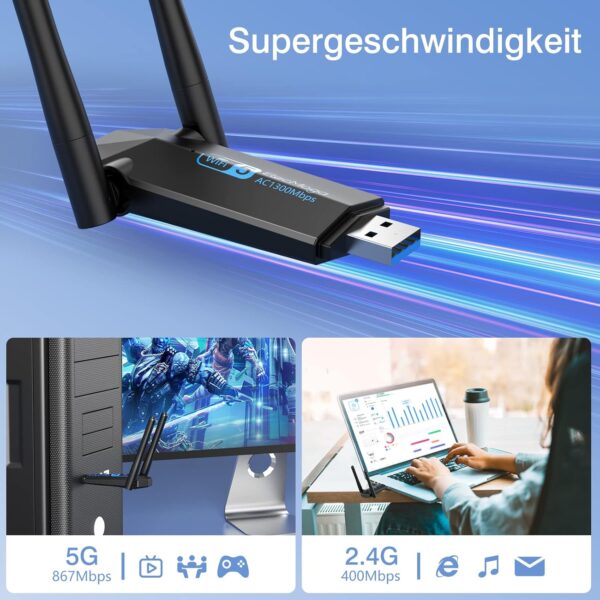 USB WLAN Stick, ElecMoga 1300Mbps 3.0 Adapter 2.4GHz/5.8GHz LWIFI - Image 5