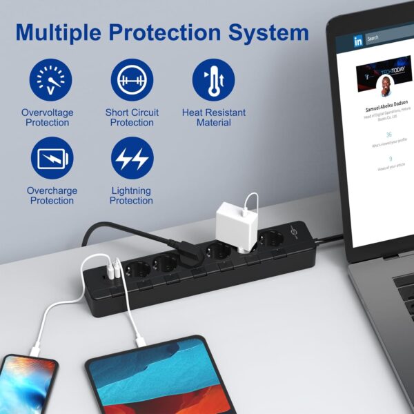 Steckdosenleiste mit USB überspannungsschutz(4000W 16A),KEPLUG 6AC Schwarz - Image 2