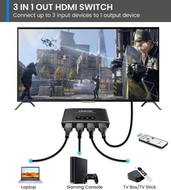 HDMI Switch Splitter, Automatisch 4K Aluminium 3 in Schwarz - Image 2