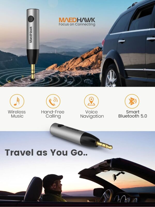 MaedHawk Aux Bluetooth Adapter Auto, BT5.0 Audio Empfänger/Receiver, Silber - Image 2
