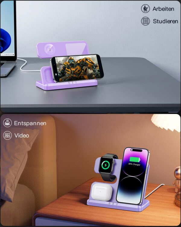 3 in 1 iPhone Ladestation Kabelloses Ladegerät für Apple, Wireless Lila - Image 6