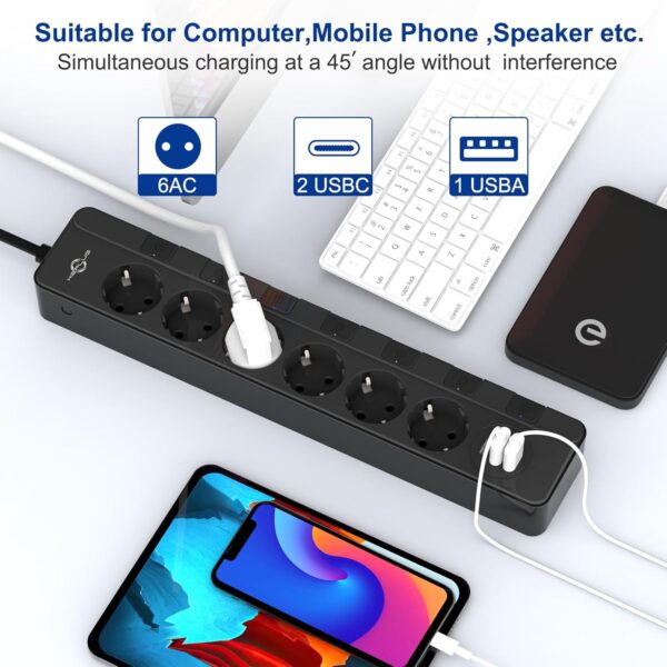 Steckdosenleiste mit USB überspannungsschutz(4000W 16A),KEPLUG 6AC Schwarz - Image 3
