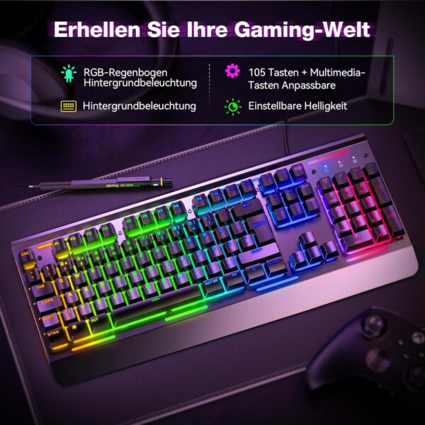 TECKNET RGB Gaming Tastatur für PC, Membran mit 105 Tasten,... - Image 2