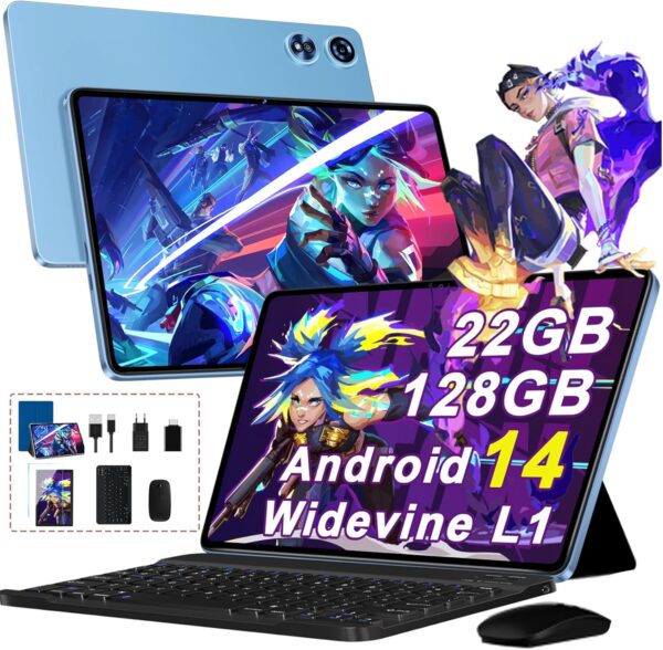Tablet 10 Zoll Android 14 PC mit Octa-Core 2.0 GHz, 22GB RAM + 128GB ROM Blau