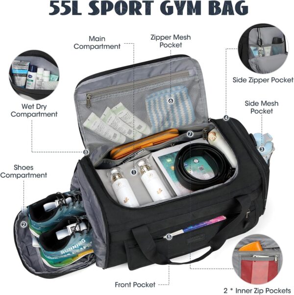 55L Große Sporttasche Reisetasche für Damen und Herren 55L, Schwarz - Image 2