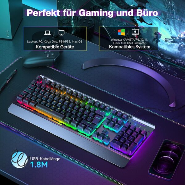 TECKNET RGB Gaming Tastatur für PC, Membran mit 105 Tasten,... - Image 7